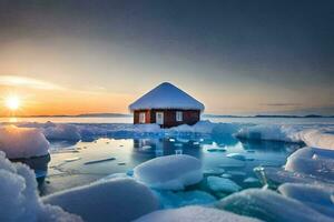 en små hydda sitter på topp av is i de mitten av de hav. ai-genererad foto