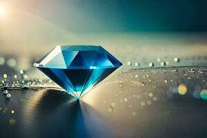 en diamant är visad på en tabell med vatten droppar. ai-genererad foto