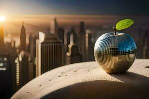 ett äpple Sammanträde på topp av en byggnad med en stad i de bakgrund. ai-genererad foto