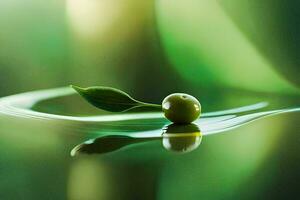en enda oliv är flytande i vatten med en grön blad. ai-genererad foto