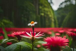 en fält av rosa blommor med en enda daisy i de mitten. ai-genererad foto