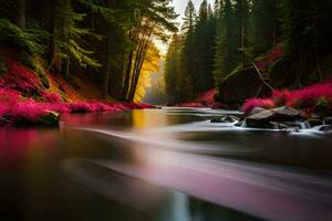 en flod i de skog med rosa blommor. ai-genererad foto