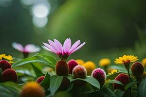en knippa av färgrik blommor i de trädgård. ai-genererad foto