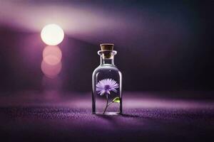 en flaska med en blomma inuti på en lila bakgrund. ai-genererad foto