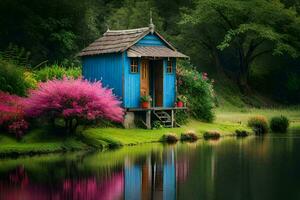 en blå hus sitter på de kant av en sjö. ai-genererad foto