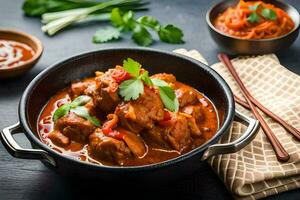 kyckling curry i en skål med grönsaker och kryddor. ai-genererad foto