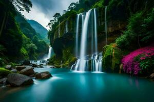 vattenfall i de djungel med rosa blommor. ai-genererad foto