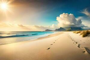 de strand, de himmel, de hav, de sand, de fotspår, de fotspår, de. ai-genererad foto
