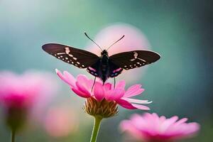 en fjäril är Sammanträde på topp av en rosa blomma. ai-genererad foto
