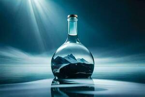 en flaska av vatten med bergen i Det. ai-genererad foto