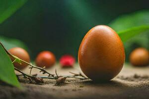 ett ägg är omgiven förbi växter och löv. ai-genererad foto