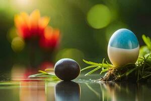 två ägg är Sammanträde på de gräs med en blå ett i de mitten. ai-genererad foto
