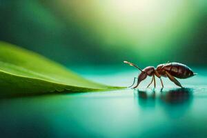 en små insekt är stående på en grön blad. ai-genererad foto