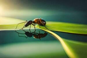 en små myra är Sammanträde på en blad. ai-genererad foto