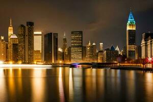 de manhattan horisont på natt. ai-genererad foto