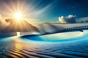 en bro över en sjö med de Sol lysande. ai-genererad foto
