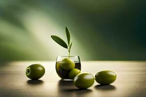 oliver i en glas med löv på en tabell. ai-genererad foto