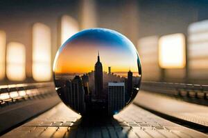 en reflexion av de stad i en glas boll. ai-genererad foto