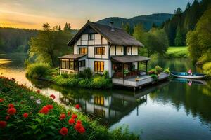 en hus på en sjö på solnedgång. ai-genererad foto