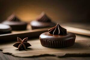 choklad muffins med stjärna anis på en trä- skärande styrelse. ai-genererad foto