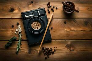 kaffe bönor och en kamera på en trä- tabell. ai-genererad foto