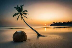 de kokos träd på de strand på solnedgång. ai-genererad foto