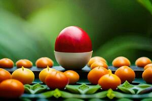ett ägg är omgiven förbi orange och gul frukt. ai-genererad foto
