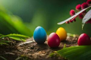 färgrik påsk ägg i de gräs. ai-genererad foto