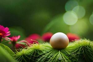 en vit ägg på en grön blad med rosa blommor. ai-genererad foto