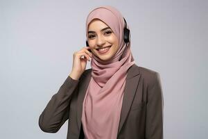 porträtt av asiatisk muslim affärskvinna bär headsetet och leende. kund service begrepp ai genererad foto