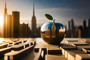 ett äpple med en stadsbild i de bakgrund. ai-genererad foto