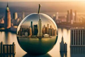 ett äpple formad tycka om en stad med en reflexion av de stad i Det. ai-genererad foto