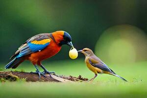 en färgrik fågel matar en små fågel. ai-genererad foto