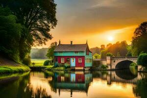 en hus sitter på de Bank av en flod på solnedgång. ai-genererad foto