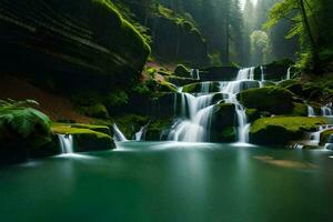 de vattenfall i de skog. ai-genererad foto