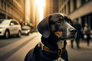 en hund bär en krage på en stad gata. ai-genererad foto