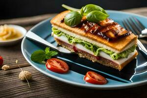 en smörgås med ost, tomater och basilika på en blå tallrik. ai-genererad foto