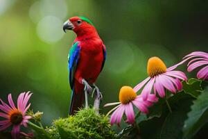 en färgrik papegoja sitter på topp av några blommor. ai-genererad foto