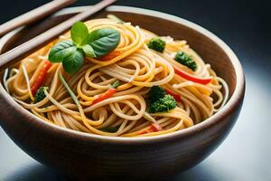 en skål av spaghetti med ätpinnar. ai-genererad foto