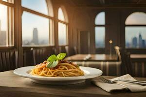 en tallrik av spaghetti med tomat sås och basilika löv på en tabell i en restaurang. ai-genererad foto