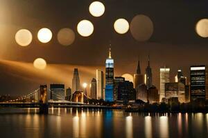 de stad horisont på natt med lampor lysande på Det. ai-genererad foto