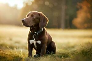 en brun hund Sammanträde i de gräs. ai-genererad foto