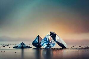 tre diamant former på de strand. ai-genererad foto