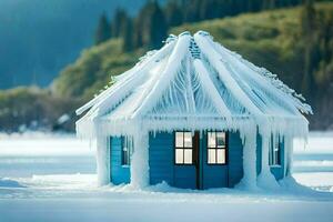 en blå hus täckt i is på de Strand av en sjö. ai-genererad foto