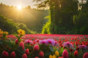 Foto tapet de Sol, blommor, de skog, de Sol, blommor, de skog, de. ai-genererad