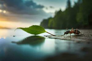en små myra är gående på de strand med en blad. ai-genererad foto
