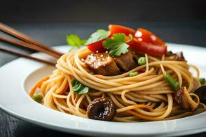 en tallrik av spaghetti med kött och grönsaker. ai-genererad foto