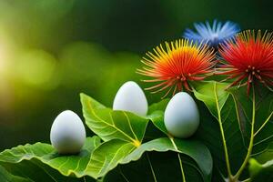 tre ägg på en grön blad med en blomma. ai-genererad foto