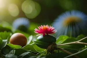 en blomma och ett ägg på en grön blad. ai-genererad foto
