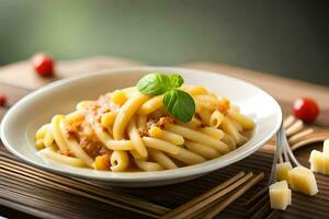 pasta med tomat sås och ost på en tallrik. ai-genererad foto